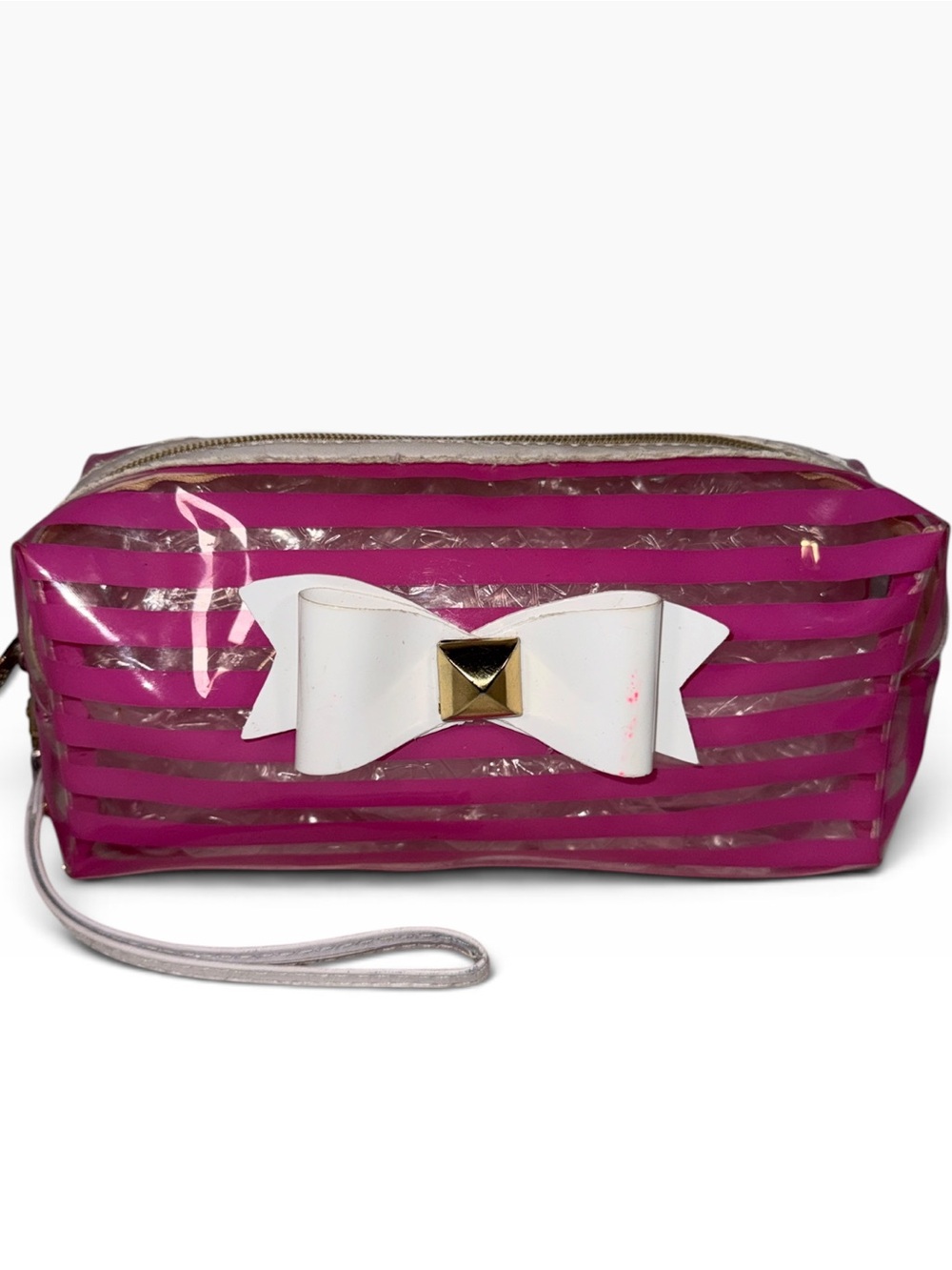Tory Burch Pink and Black Striped Cosmetic Pouch with White Bow